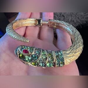 Rare Vintage KJL Snake Bangle Bracelet Green Crystal & Ruby Eyes